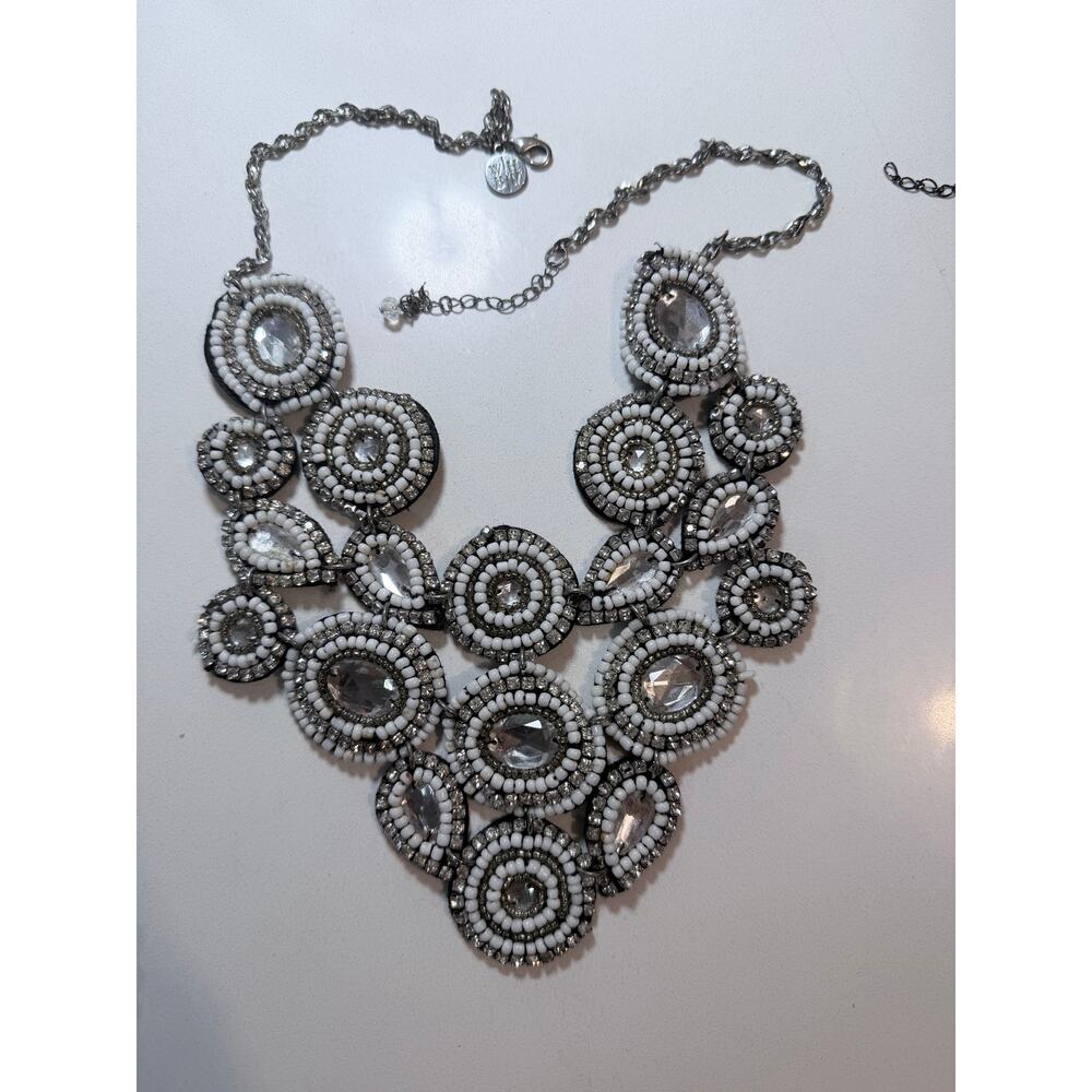 WHBM White Beaded Crystal Rhinestone Bib Statement Necklace Silver Tone